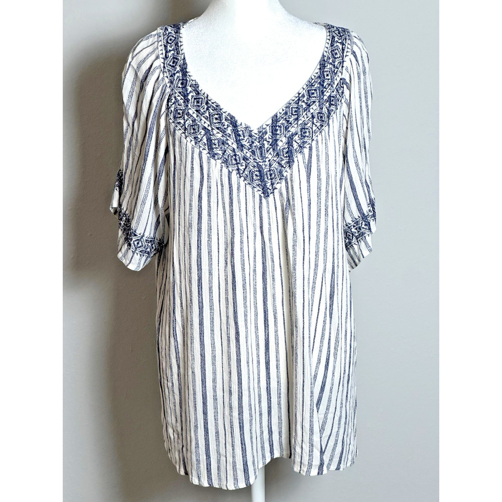 Knox Rose Womens Cream Navy Stripped Bohemian Womens Casual Oversized‎ Top XXL